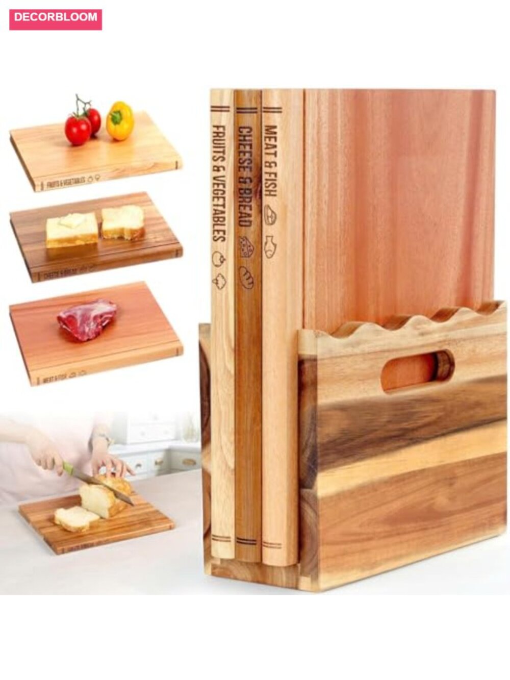 3Pc Wood Cutting Board Set Book-Shaped Scalloped Stand Labeled Serve Display
